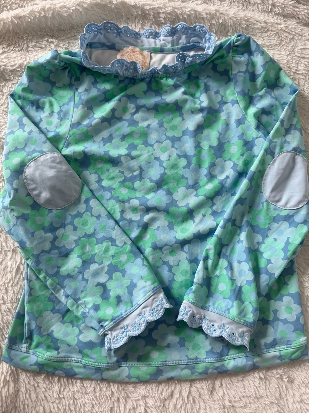 The Beaufort Bonnet Company Girls Lace Long Sleeve Swimsuit Top Sz 8 Blue Floral